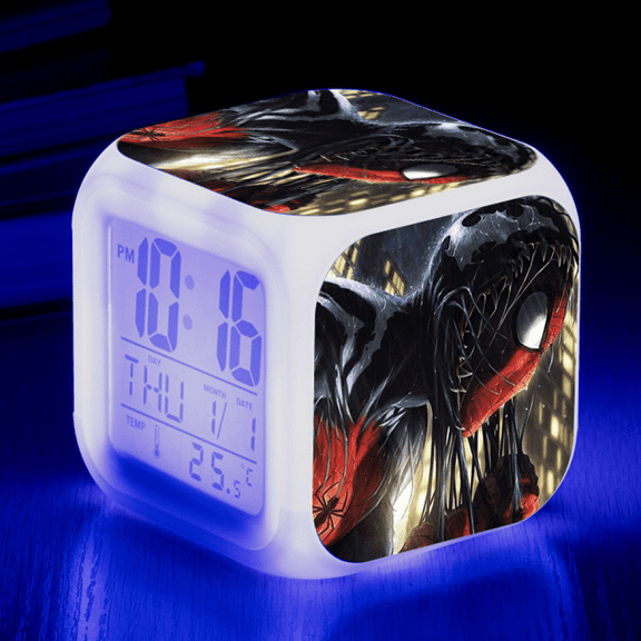 Digital Alarm Clock for Kids, Spider-Man Pattern 7 LED Color Changing Wake Up Clock with Thermometer Function and Night Light, Gift for Boys Girls A93-122