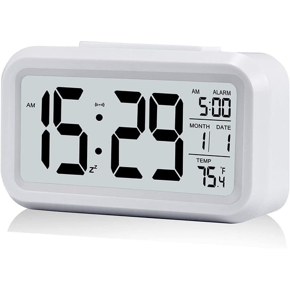 Digital Alarm Clock with LCD Display, Desk Smart Electronic Small Clock with Indoor Temperature, Date, Light Sensor, Backlight, Battery Operated, for Home Bedroom Kids Office (White)