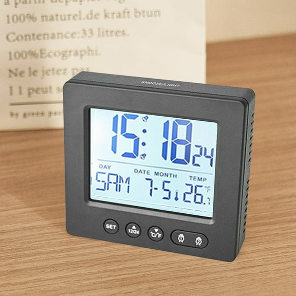 Digital Alarm Clock, LCD Display with Temperature Monitor Background Lighting, Smart Calendar Snooze Alarm Wireless Thermometer for Home Office, Black