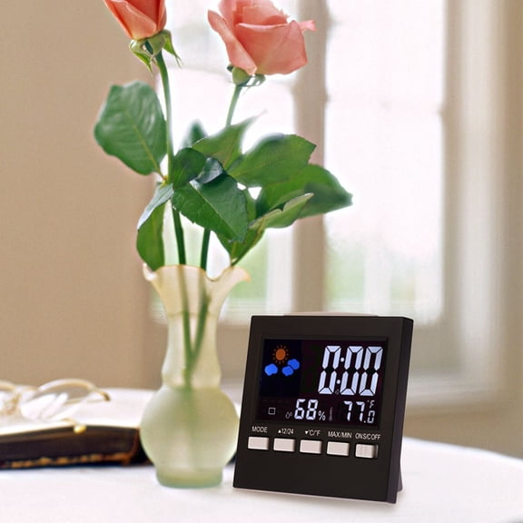 Digital Alarm Clock, LCD Weather Display Temperature Humidity Snooze Calendar Electronic Clock, Multifunction Desktop Alarm Clock for Bedroom Office Travel Home