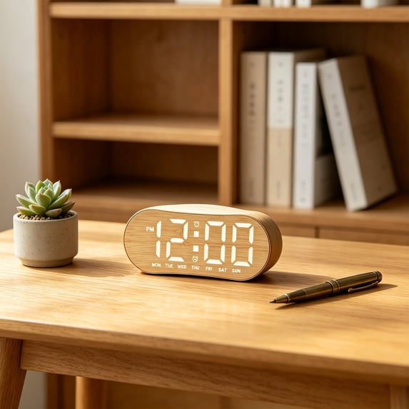 Digital Alarm Clock LED with Date, Day and Temperature Display, Adjustable Brightness, Dual Power Options, Modern Bedside Desk Clock for Bedroom or Office