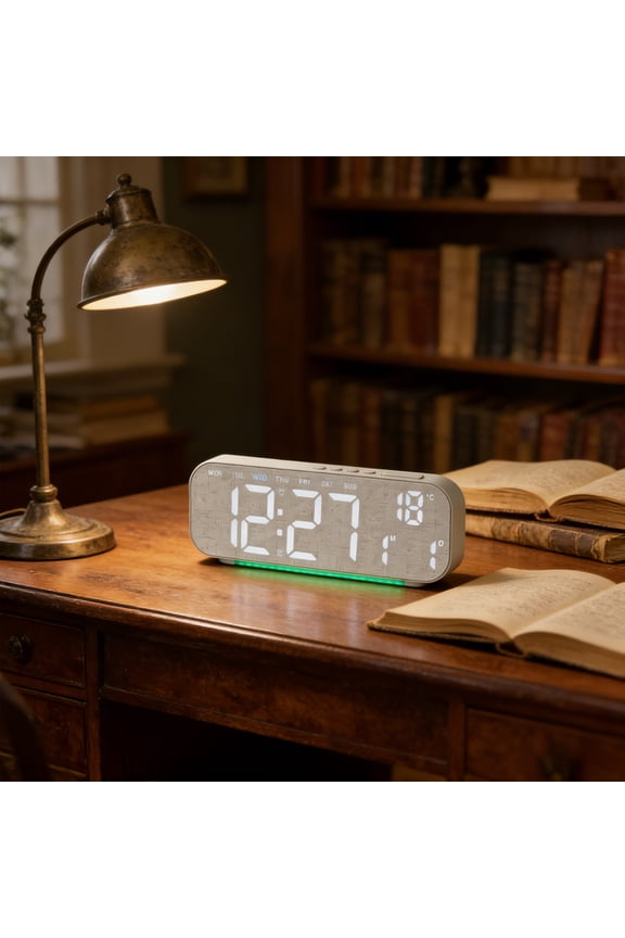 Digital Alarm Clock LED Display Electronic Date Temperature DST Function Dual Power Adjustable Brightness Bedroom Office Modern