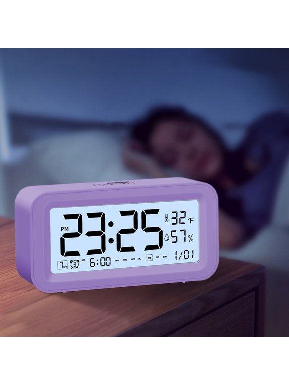 Digital Alarm Clock LED Display, Usupdd Snooze Alarm Clock with Stereo Display, 12/24H Change Countdown Timer for Bedroom Desk, Purple