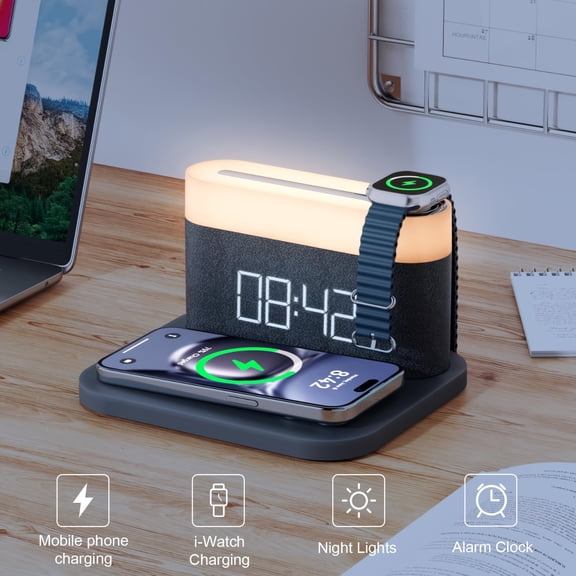 Digital Alarm Clock LED Night Light Suitable For Mobile Phones, Smartwatches, Wireless Charging, 15W Touch Bed Lamp, Adjustable Brightness, QI Wireless Charging, Bedroom Night Light