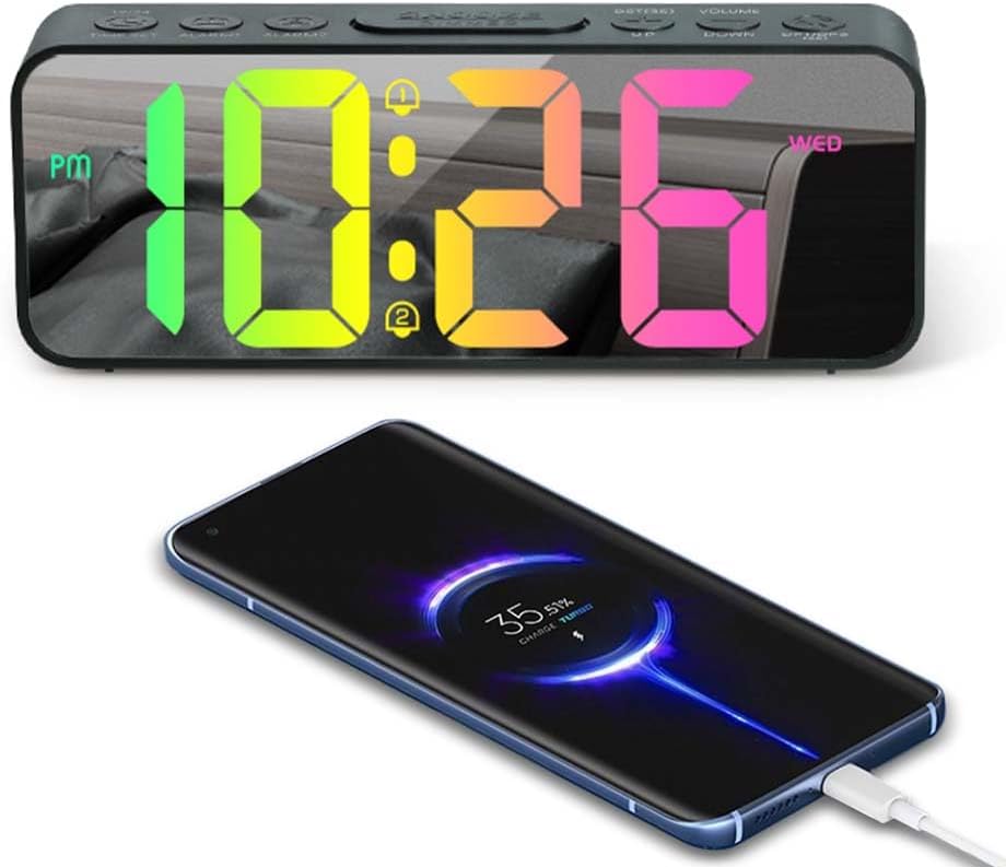 Digital Alarm Clock, LED Table Clock with 11 Character Colors, Alarm