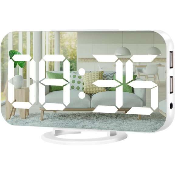 Digital Alarm Clock,Large Display LED And Mirror Desk Clock With Dual USB Charger Ports, 3 Levels Brightness,12/24H Clocks, Modern Electronic for Bedroom Living Room Office - White