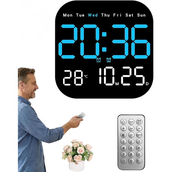 Digital Alarm Clock Large Display, Smart LED Clock with Remote & Hidden Stand, Multifunctional Desk Clock with Date Day Temperature, Dimmable Brightness for Bedroom Office Home
