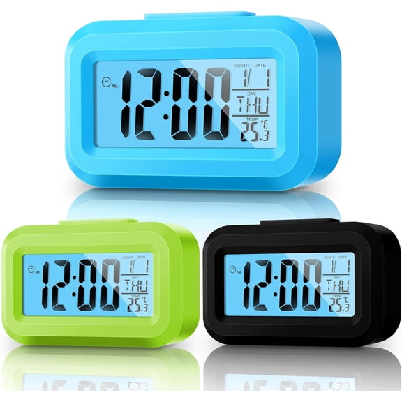 Digital Alarm Clock Large LCD Display, Simple Operation, Snooze Back Light, Time Date Month, Temperature Multifunction Clock for Bedrooms Office Travel Heavy Sleepers(Bright Colors,3 Pack)