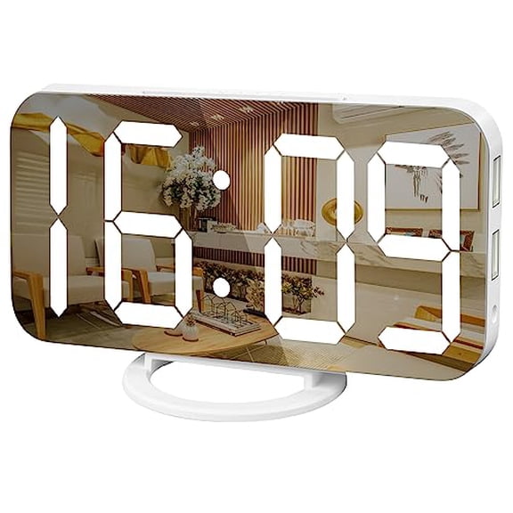 Digital Alarm Clock,Large Mirrored LED Display,with USB Charger,Snooze Function Dim Mode Wall Hanging Beside Desk Clock for Bedroom Room Decor