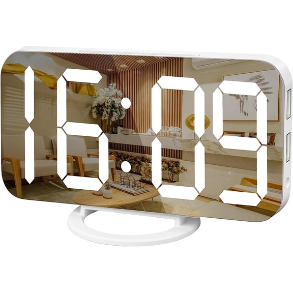 Digital Alarm Clock, Large Mirrored LED Display, with USB Charger, Snooze Function Dim Mode Wall Hanging Beside Desk Clock for Bedroom Room Decor