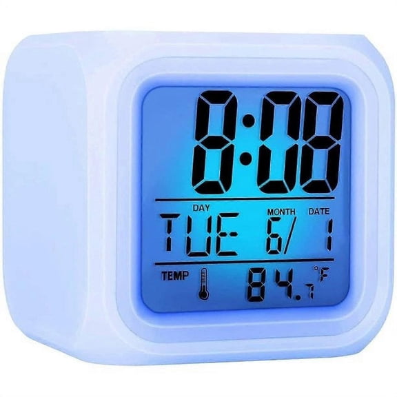 Digital Alarm Clock Luminous Cube LCD Clock with Large Display, Time/Date/Temperature, Color LED
