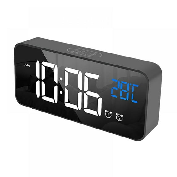 Digital Alarm Clock, Mirror LED Clock with 2 Alarms, Voice Control, Temperature, Snooze, Volume&Brightness Adjustable, Rechargeable Backup Battery, Compact Desk Clocks for Bedroom,Black