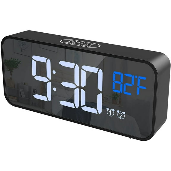 Digital Alarm Clock, Mirror LED Clock, Desk Clock with Voice Control, 4 Adjustable Brightness, Dual Alarms, Snooze, USB Charging Port, for Bedroom, Bedside, Office, Kids, Elderl