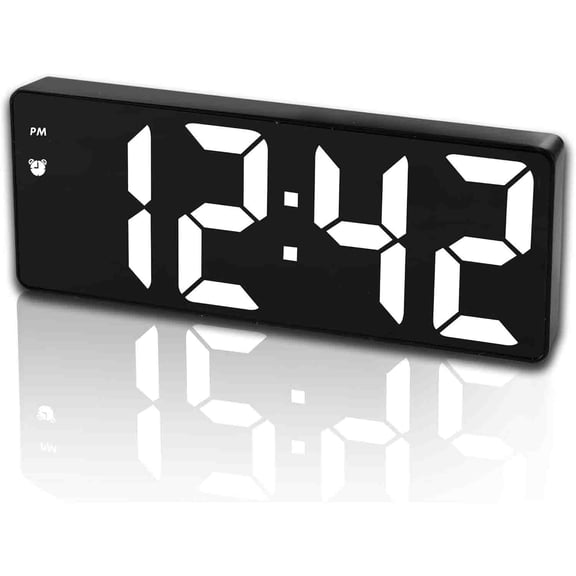 Digital Alarm Clock, Mirror Surface LED Display, Adjustable Brightness, Snooze, Voice Control, 12/24H Display, White