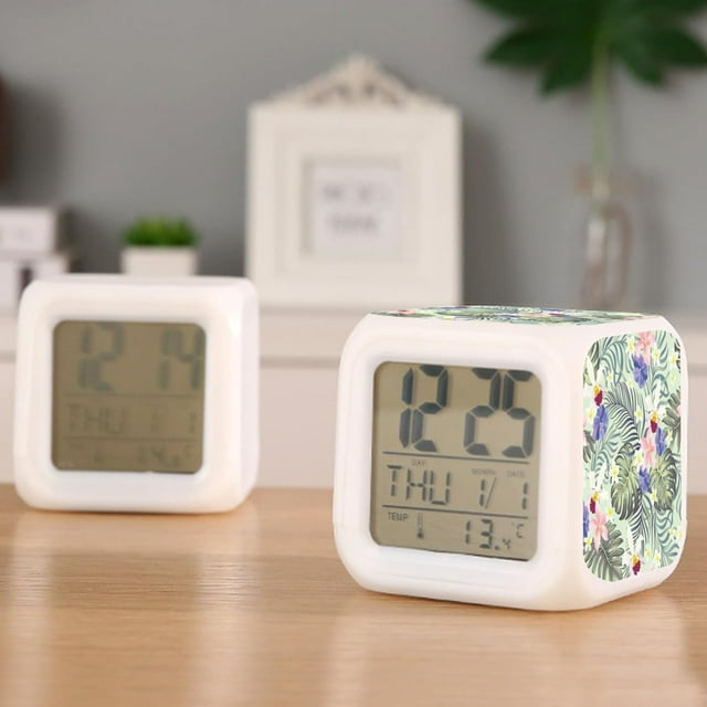 Digital Alarm Clock,Orchid Flower With Tropical Palm Leaf 7 Color
