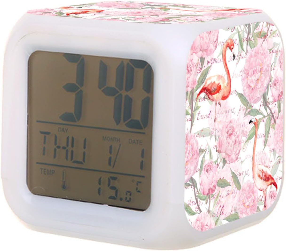 Digital Alarm Clock,Pink Flamingo With Peony Flowers 7 Color Change Led