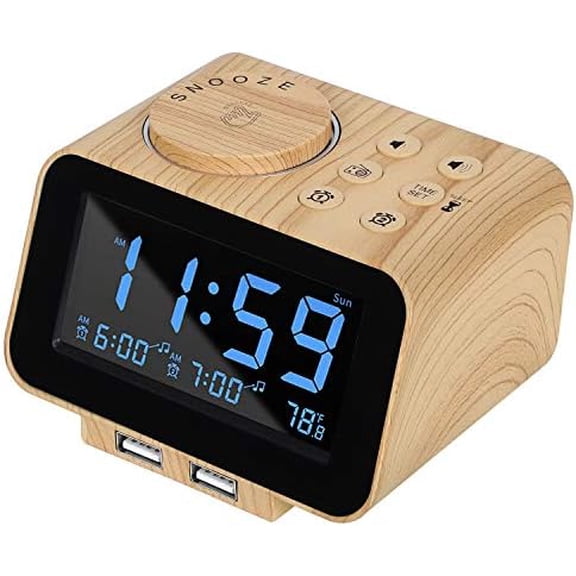 Digital Alarm Clock Radio - 0-100% Dimmer, Dual Alarm with Weekday/Weekend Mode, 6 Sounds Adjustable Volume, FM Radio w/Sleep Timer, 2 USB Charging Ports, Thermometer, Battery Backup(Wood Grain)