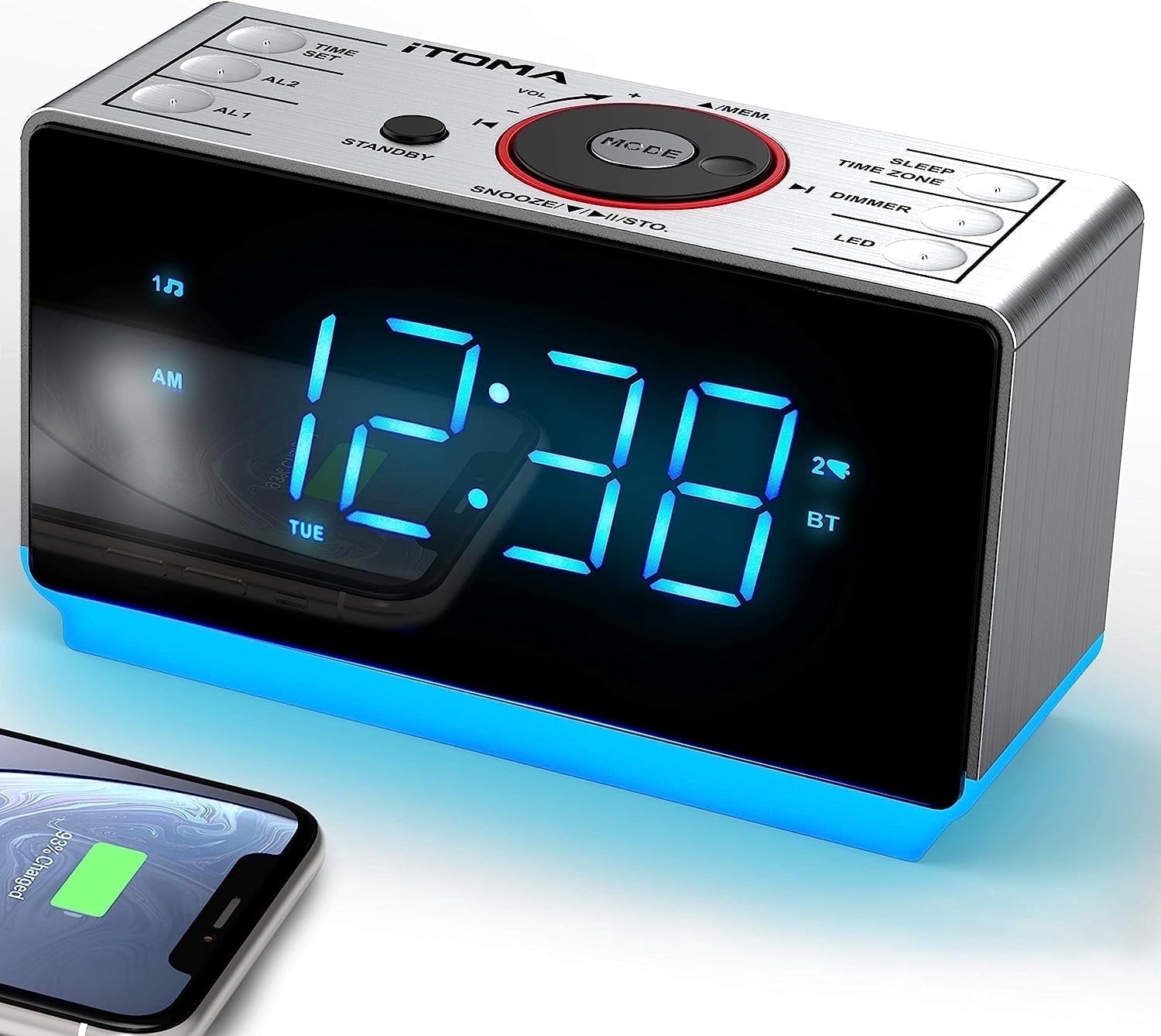 Digital Alarm Clock Radio with Bluetooth Speaker, FM Radio, Dual Alarm with Snooze, Large LED Display, Dimmer Control, Headphone,USB Charging Output and Night Light 708
