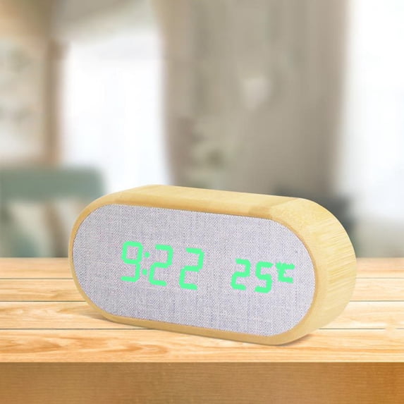 Digital Alarm Clock Round LED Wooden Desk | 4 Alarms | Sound Control | Dimmer | USB Powered | Bedroom Table Decor