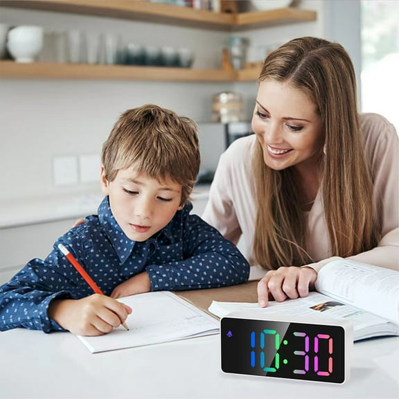 Digital Alarm Clock, Rvkxad LED Color Screen Mirror Clock Large Display, 2 Brightness Levels 12/24H Modern Desk Clock for Bedroom Home Office Decor, White