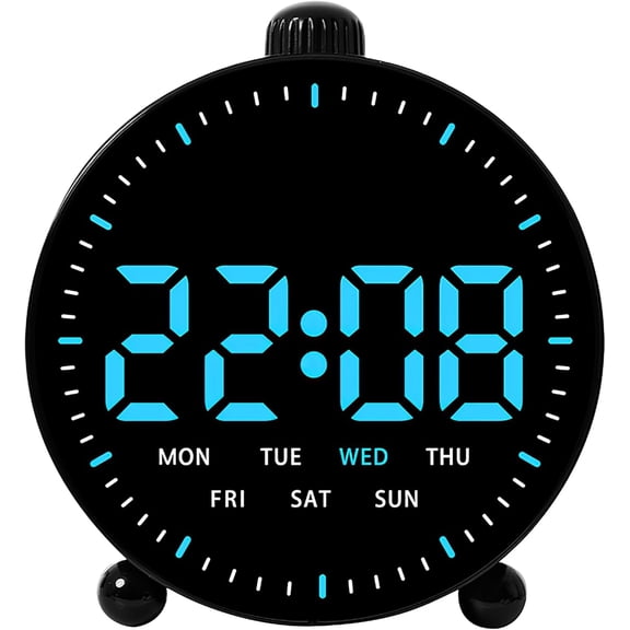 Digital Alarm Clock, Small Round LED Bedside Clock with 2 Alarms & Countdown Function, Loud Alarm with Date & Week Display, Minimalist Desk Clock for Bedroom Living Room