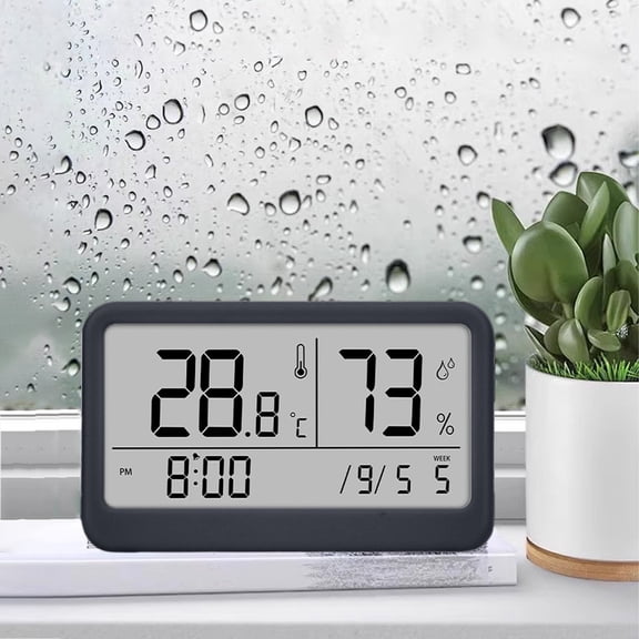 Digital Alarm Clock, Temperature and Humidity Display, Plastic Body Compact Desk Clock, For Home Bedroom Office Kitchen Nursery Living Room Indoor Use(Black)