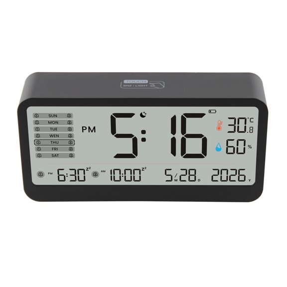Digital Alarm Clock Temperature Humidity Display Two Schedules Snooze Large Screen Bedside Desk Calendar Weekday Touch Backlight Operated