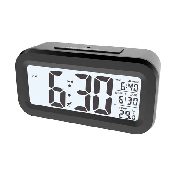Digital Alarm Clock with Temperature & Light Sensor, Desk Electronic Clock, Silent LCD Snooze Bedside Clock for Heavy Sleepers Adults Desk Travel Office, Auto Night Mode