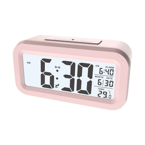 Digital Alarm Clock with Temperature & Light Sensor, Desk Electronic Clock, Silent LCD Snooze Bedside Clock for Heavy Sleepers Adults Desk Travel Office, Auto Night Mode