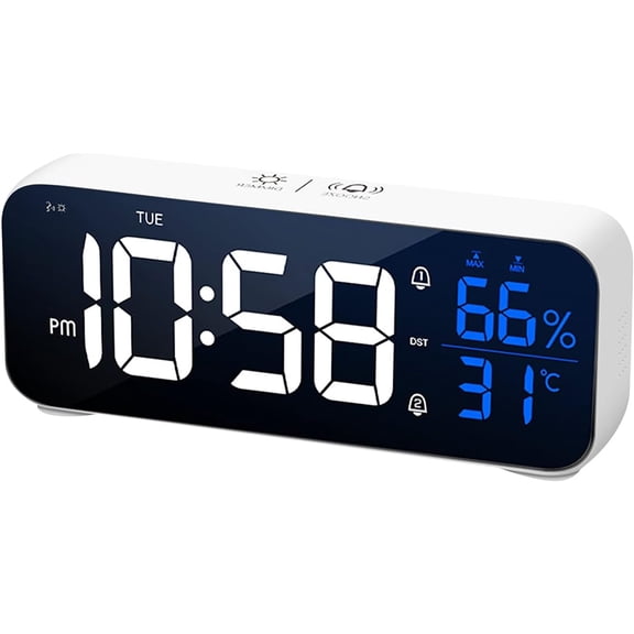 Digital Alarm Clock, White Digital Clock -Fit for Bedroom, Office, or Home, Featuring LED Clock Digital Display of Temperature & Humidity,12/24H, Dual Alarm Settings(6.6 Inch)