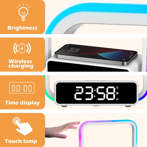 Digital Alarm Clock Wireless Charger, Dimmable Small Bedside Lamp with Alarm Clock for Bedrooms Home Office Touch Control RGB Night Light Nightstand Lamp for Men Teen