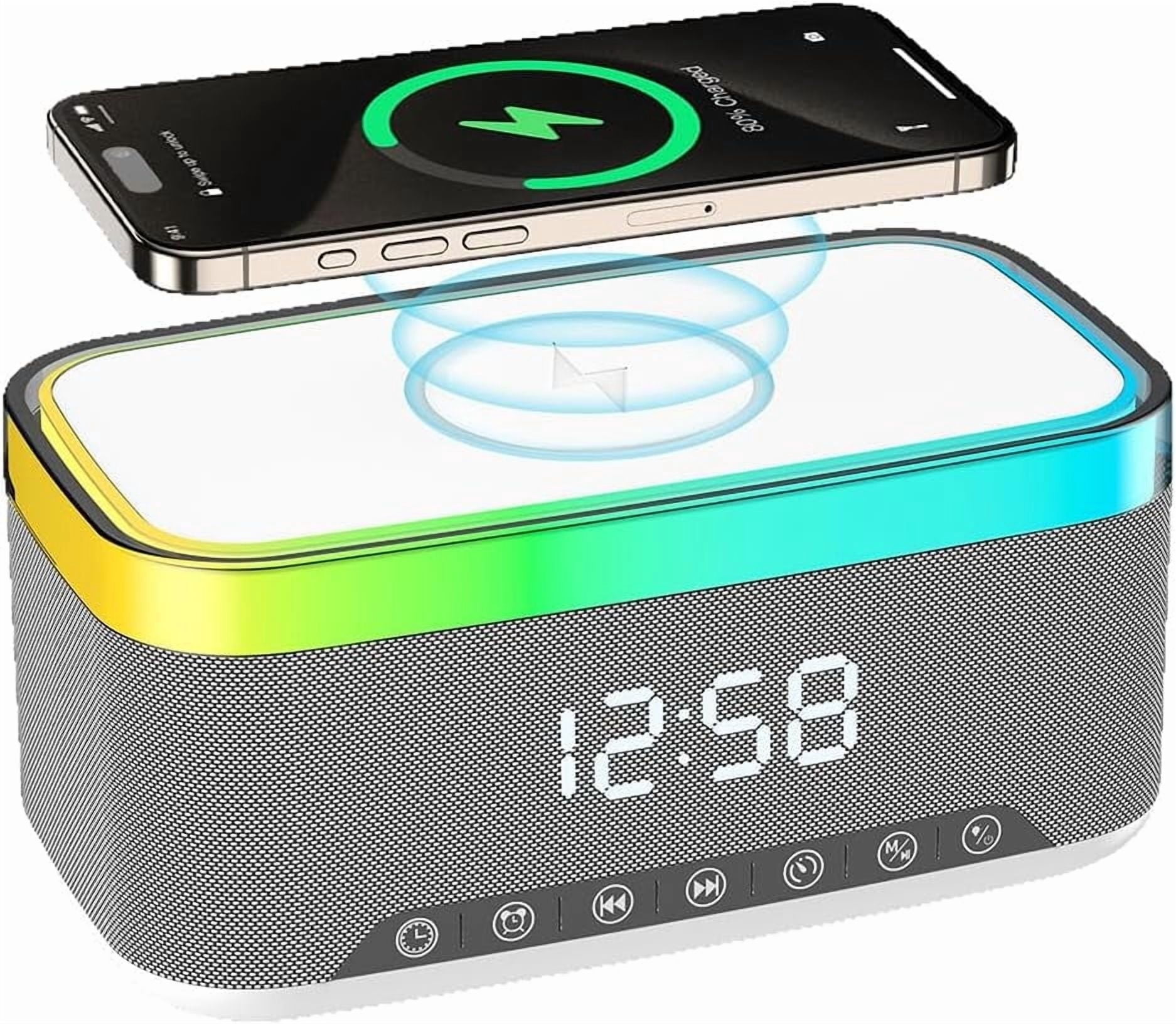 Digital Alarm Clock with Wireless Charging, Bedside with Fast Wireless Charging 15W, Timer Alarm Clock for Heavy Sleepers, RGB Night Light, Bluetooth Speaker Suitable for Indoor & Outdoor, Grey
