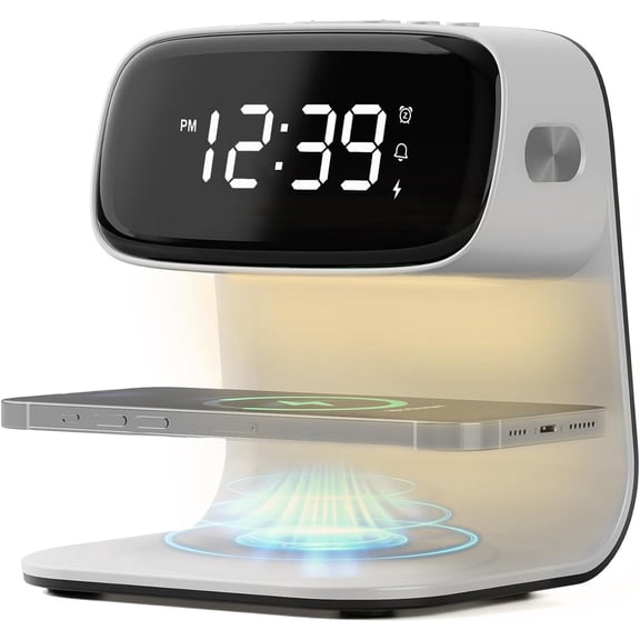 Digital Alarm Clock with Wireless Fast Charging Station 15W Touch Smart Lamp for Bedside,3 Colors Nightlight Adjustment Night Lamp for Living Room,Bedside,Heavy Sleepers (White+Cable&Adapter)