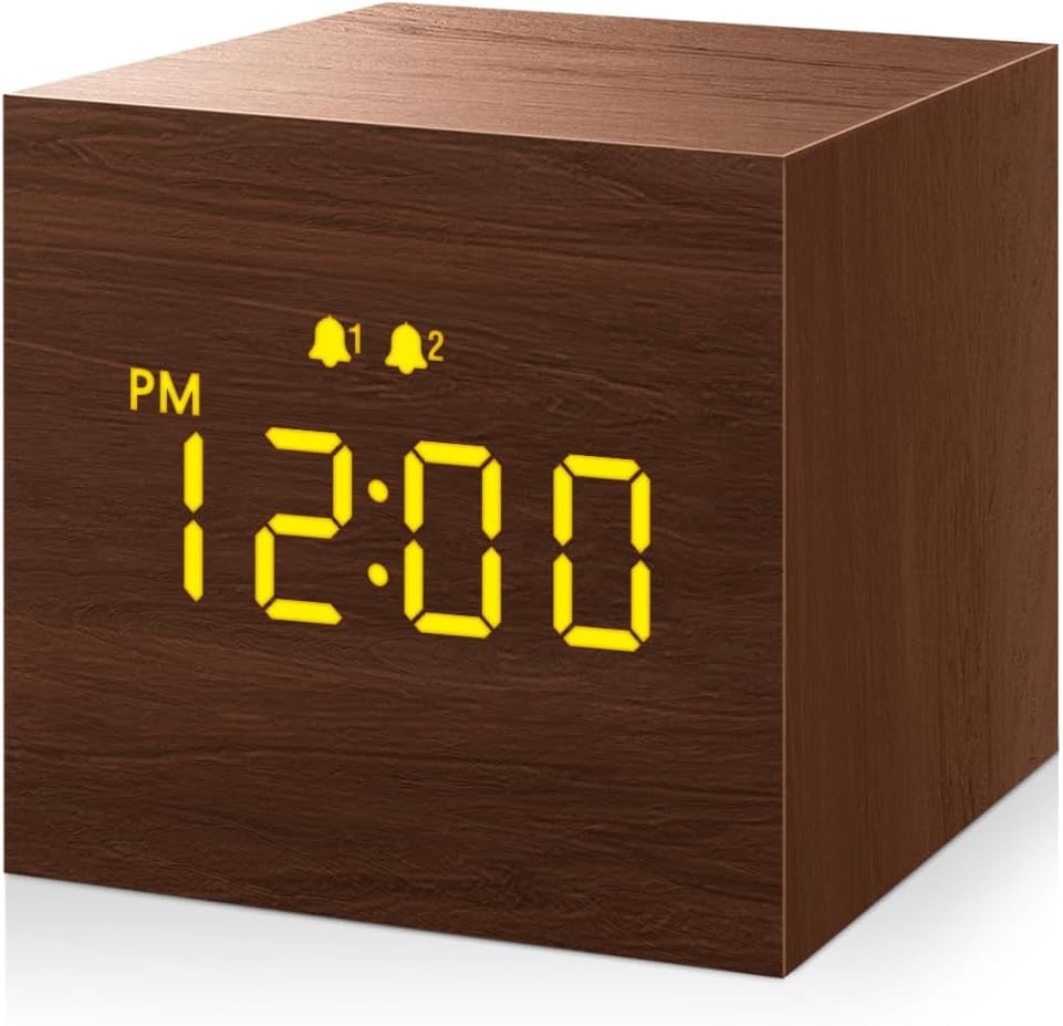 Compact Brown Wooden Digital Alarm Clock with LED Display
