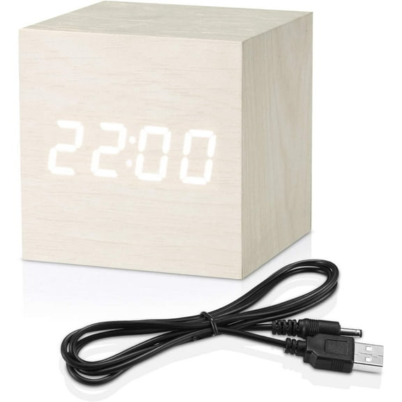Digital Alarm Clock - Wood LED Light Mini Cube Desk Clock (White)