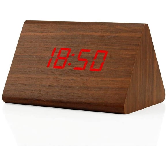 Digital Alarm Clock Wooden Alarm Clock Wood Modern Triangle Alarm Digital Desk Clock, Displays Time Date Temperature Calendar Wood Made Electric Clocks for Bedroom, Bedside - Brown