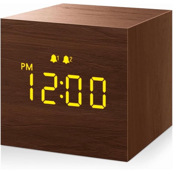 Digital Alarm Clock with Wooden Electronic LED Time Display 3 Alarm 2.5-inch Cubic Small Mini Wood Made Electric Clocks for Bedroom Bedside Desk Brown
