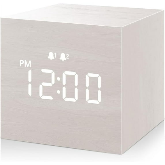 Digital Alarm Clock, With Wooden Electronic LED Time Display, 3 Alarm, 2.5-inch Cubic Small Mini Wood Made Electric Clocks for Bedroom, Bedside, Desk(White)