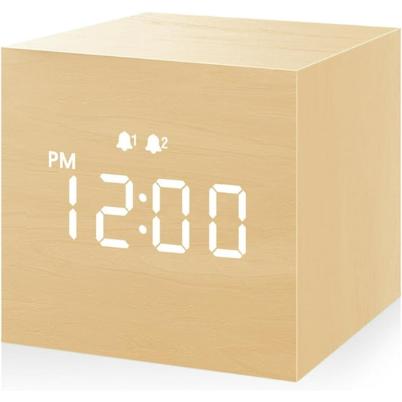 Digital Alarm Clock, With Wooden Electronic LED Time Display, 3 Alarm, 2.5-inch Cubic Small Mini Wood Made Electric Clocks for Bedroom, Bedside, Desk(Yellow)
