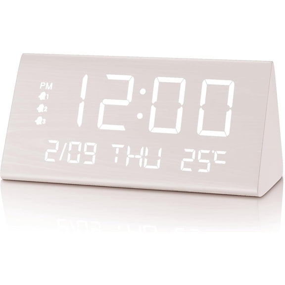 Digital Alarm Clock, with Wooden Electronic LED Time Display, 3 Alarm Settings, Weekday/Weekend Mode, Temperature Detect, Wood Made Electric Clocks for Office, Bedroom, Bedside