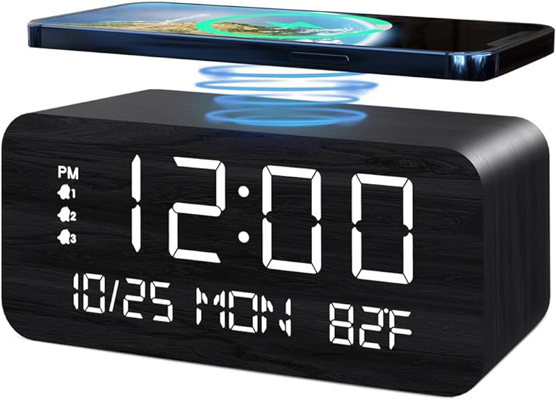 Digital Alarm Clock, with Wooden Electronic LED Time Display, 3 Alarm
