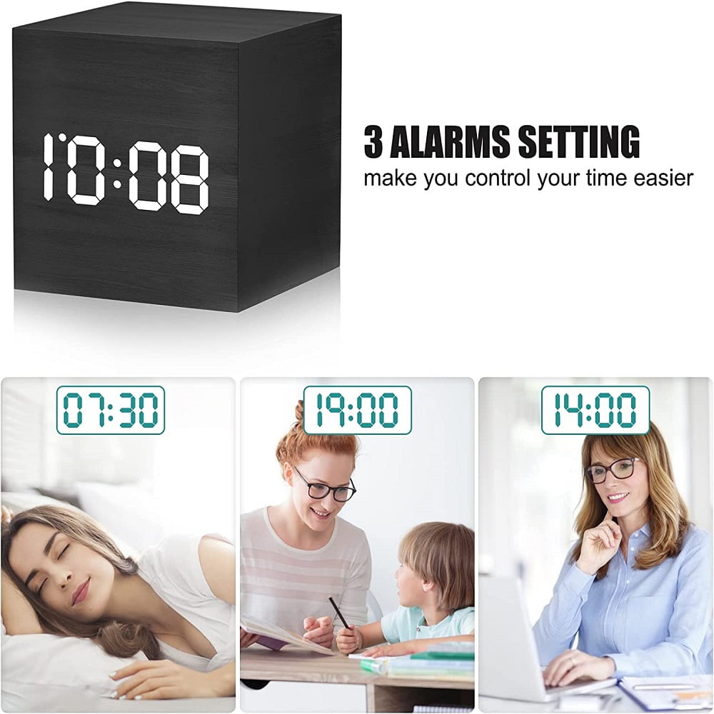 Digital Alarm Clock Wooden Electronic LED Time Display Battery Operated with Indoor Temperature