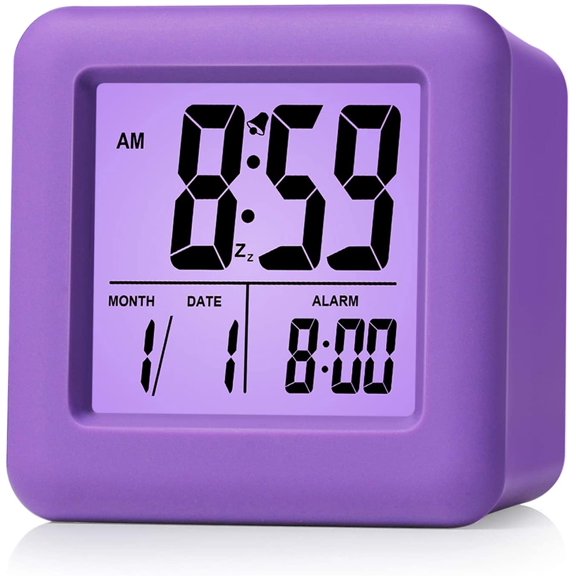 Digital Alarm Clock for Kids with Snooze and Nightlight - Easy Setting Silicone Display Time, Date - Loud for Bedroom - Battery Powered (Purple)