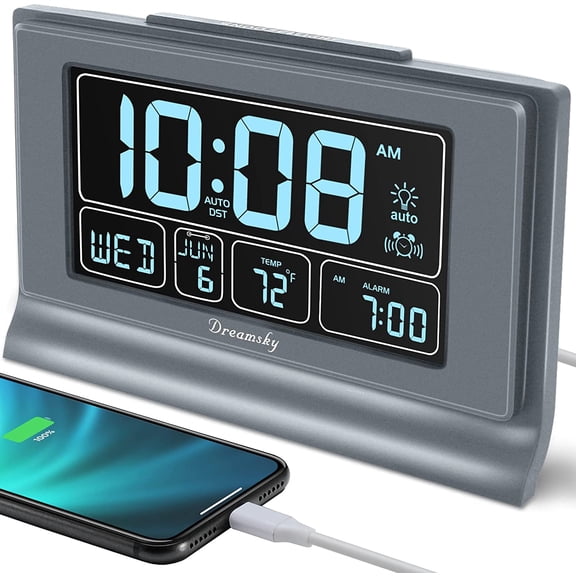 Digital Alarm Clock with Battery Backup, 5 Inch Large Display, Auto Set Clock, USB Charging Ports, 12/24H