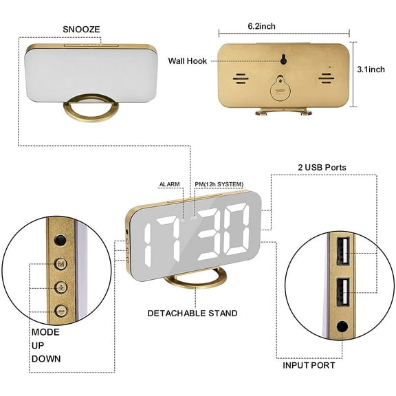 Digital Alarm Clock with Mirror Display, Dual USB Ports, 3 Brightness Levels, 12/24H - Gold