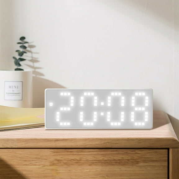 Digital Alarm Clock with Temperature Display 3- Brightness Adjustment Date for Bedroom Office White 16x6cm