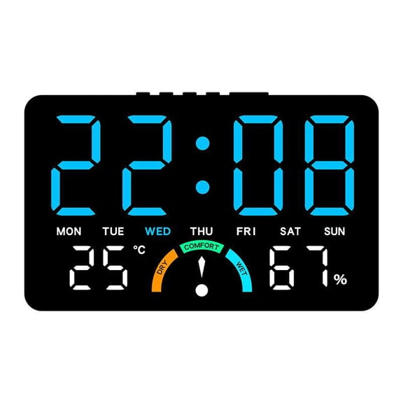 Digital Alarm Clock with Temperature & Humidity Display, LED Desk Clock with Adjustable Brightness, Large Screen for Bedroom Office Home(Blue)