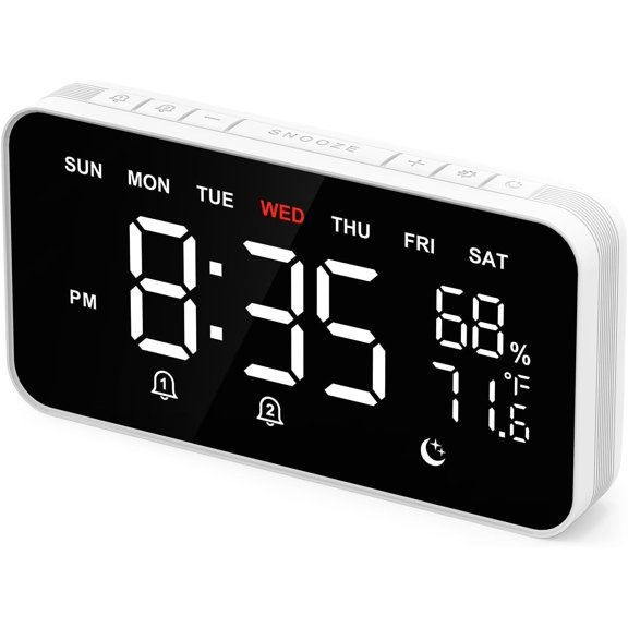 Digital Alarm Clocks for Bedrooms, Loud Alarm Clock for Heavy Sleepers, Temperature & Humidity Detect, Dual Alarms Weekday/Weekend Mode, Large Display Auto Dimmer, Sleep Sound9 Ringtone