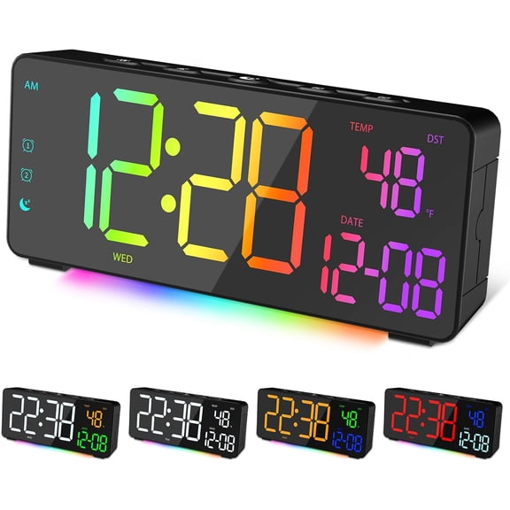 Digital Alarm Clocks for Bedrooms, RGB Desk Clock with 15 Color Display, Date Temperature and Weekday, DST, Snooze, 2 Alarms, Ambient Lighting for Living Room, Bedside Office Gaming Desk Decor
