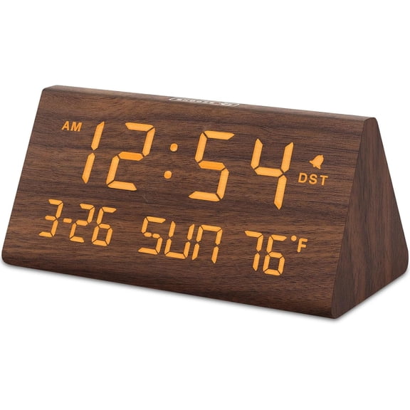 Digital Alarm Clocks for Bedrooms - Wooden Desk Clock with Date, Day of Week, USB Port, Temperature, Dimmer for Bedside Table, Living Room, Office, Adjustable Volume, Auto DST, Wood Decor